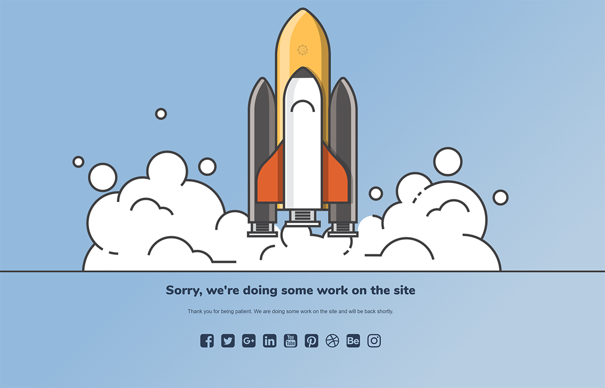 Under-construction page design with a rocket launching above clouds